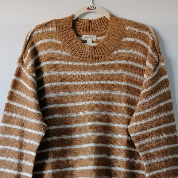 NWT Style & Co. Womens Caramel Kiss Brown Drop Shoulder Stripped Sweater Size L - Picture 2 of 8